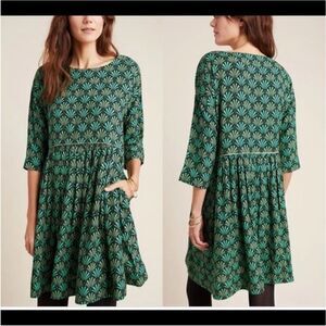 Anthropologie Maeve Magnolia Babydoll Tunic Dress Green Floral Gold